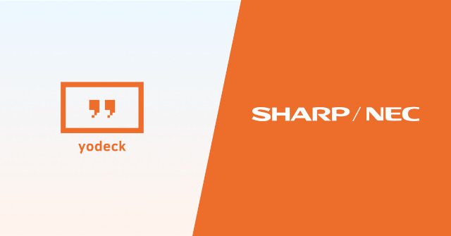 Yodeck and Sharp logos alongside each other