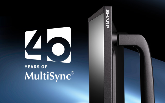 a logo describes 40 years of MultiSync, alongside a Sharp-branded display