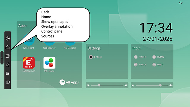 Home screen launcher with sidebar open, please create graphic element w/ comic bubble as described above.